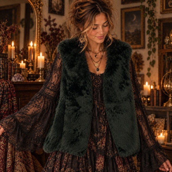 EVRI Jackets & Blazers - EVRI Whimsigoth Faux Fur Vest 1X Boho Festival Cozy Chic Dark Moss Green